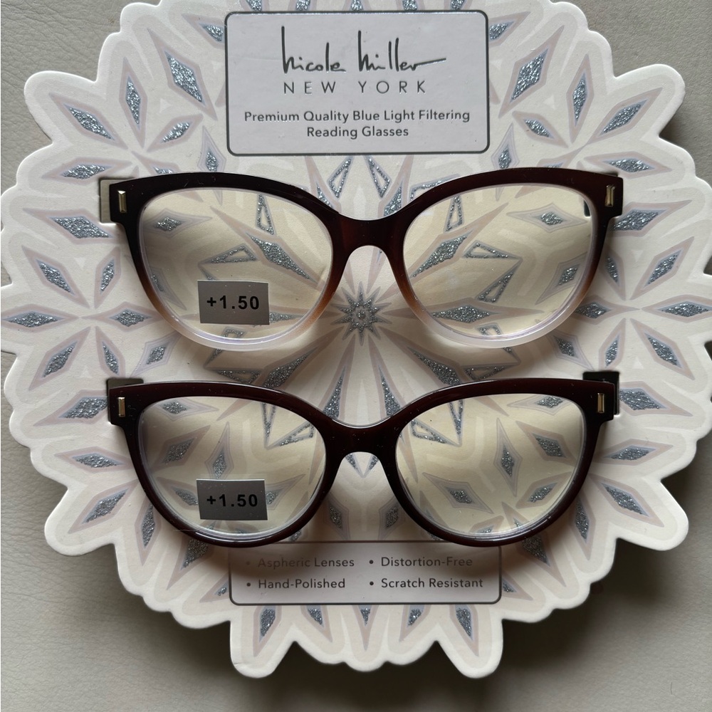Nicole Miller Blue Light Cat eye Reading  Glasses set of 2  +1.50